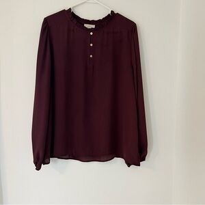LOFT Burgandy Long Sleeve Buttoned Blouse